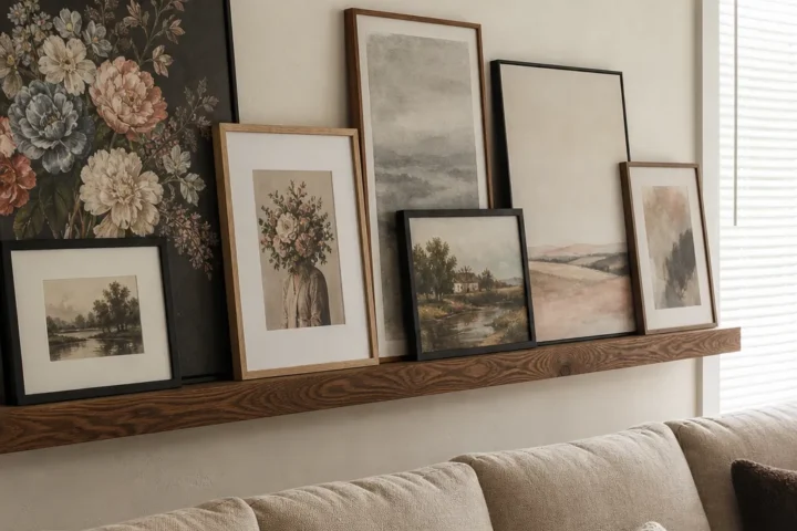 Warm gallery wall featuring overlapping framed art and decorative objects on shelves.