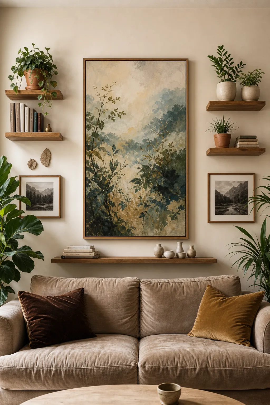 Living room picture shelf styled with framed art and abundant trailing houseplants.