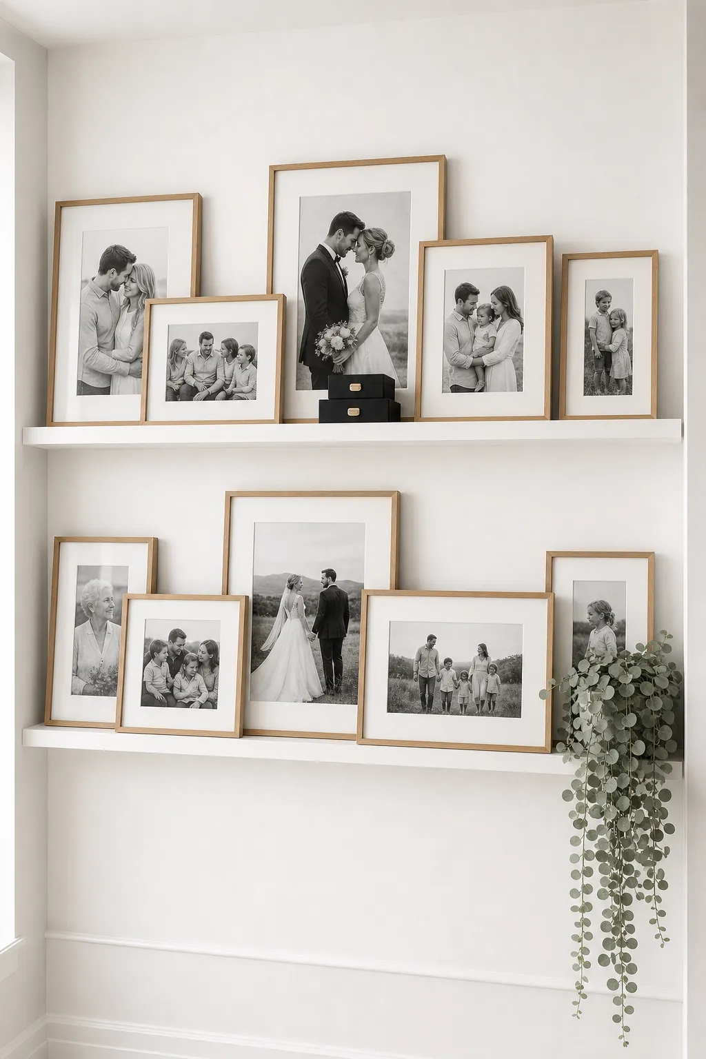 Family photographs arranged in neutral frames across natural wood picture ledges.