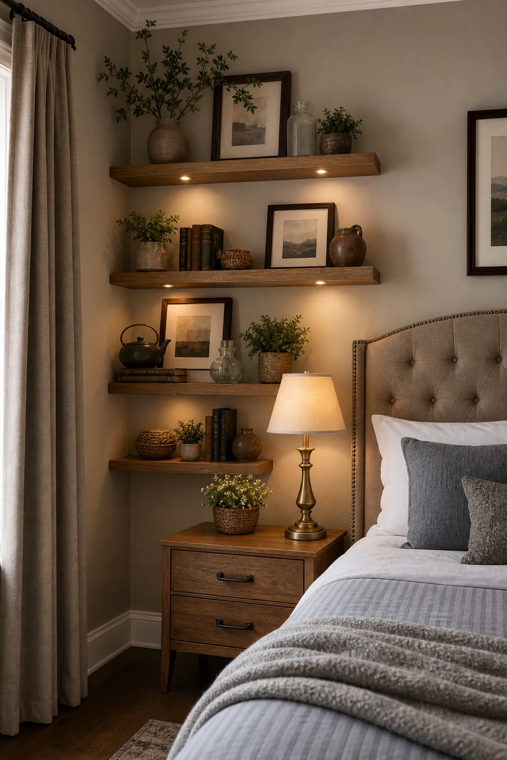 Cozy bedroom with layered framed artwork and tactile textiles around a picture shelf.