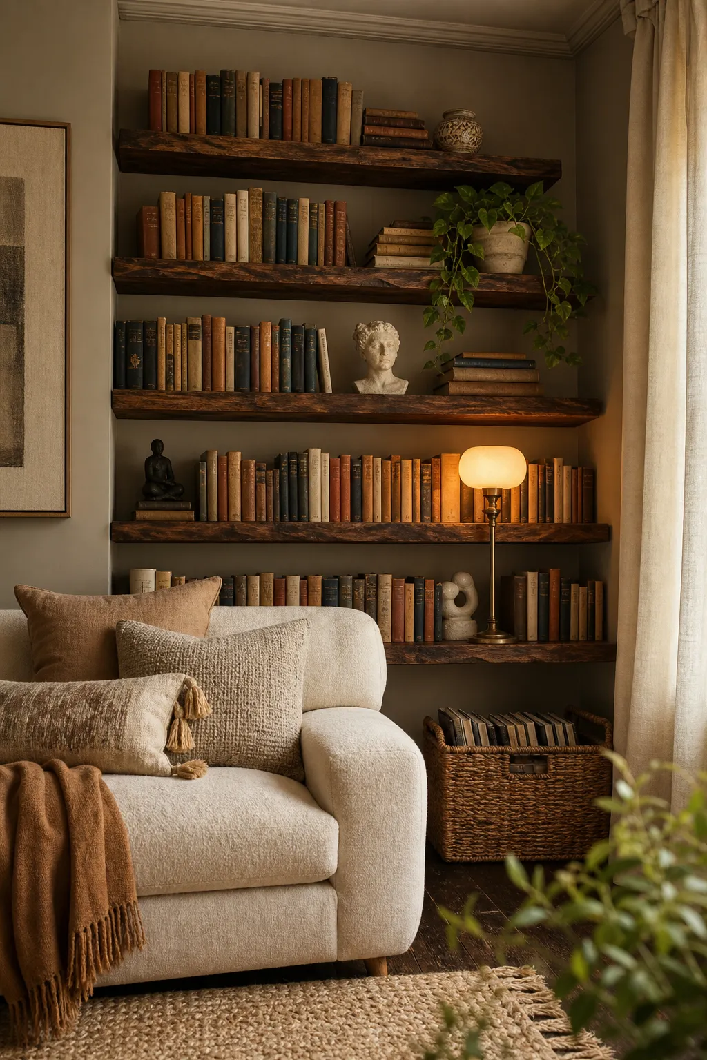 Inviting reading nook framed by books, artwork, and a slim picture shelf.