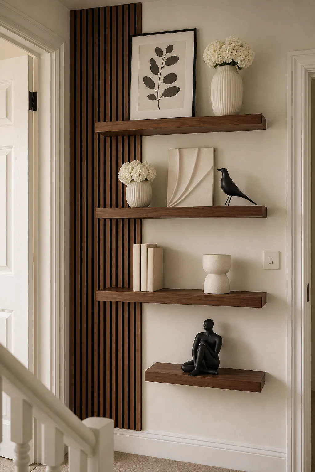 Streamlined picture ledge mounted across a contemporary vertical wood-slat wall.