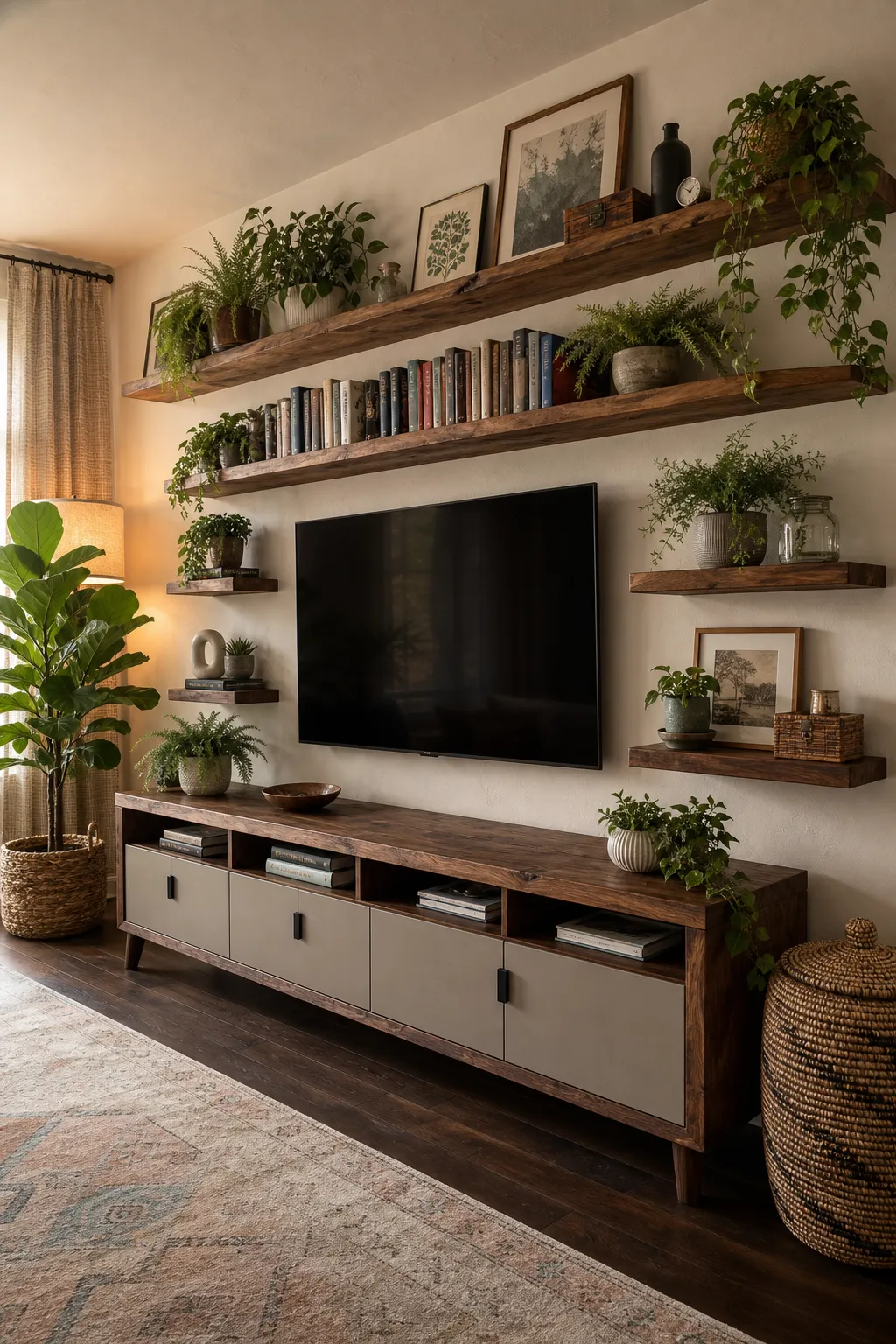 Living room picture shelf balanced with cohesive artwork and simple decorative accents.