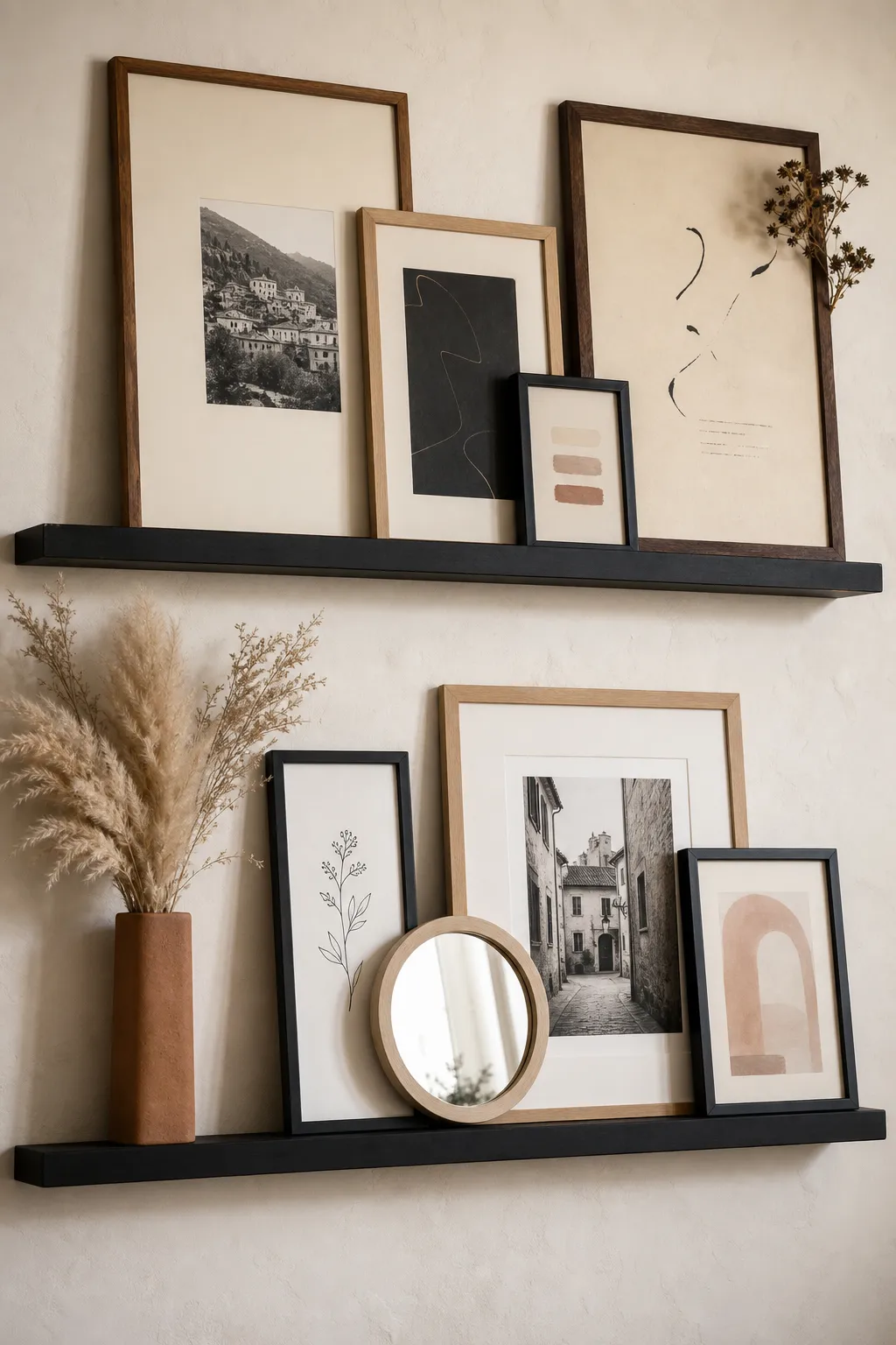 Neutral layered wall display with tonal frames and understated ceramic vessels.