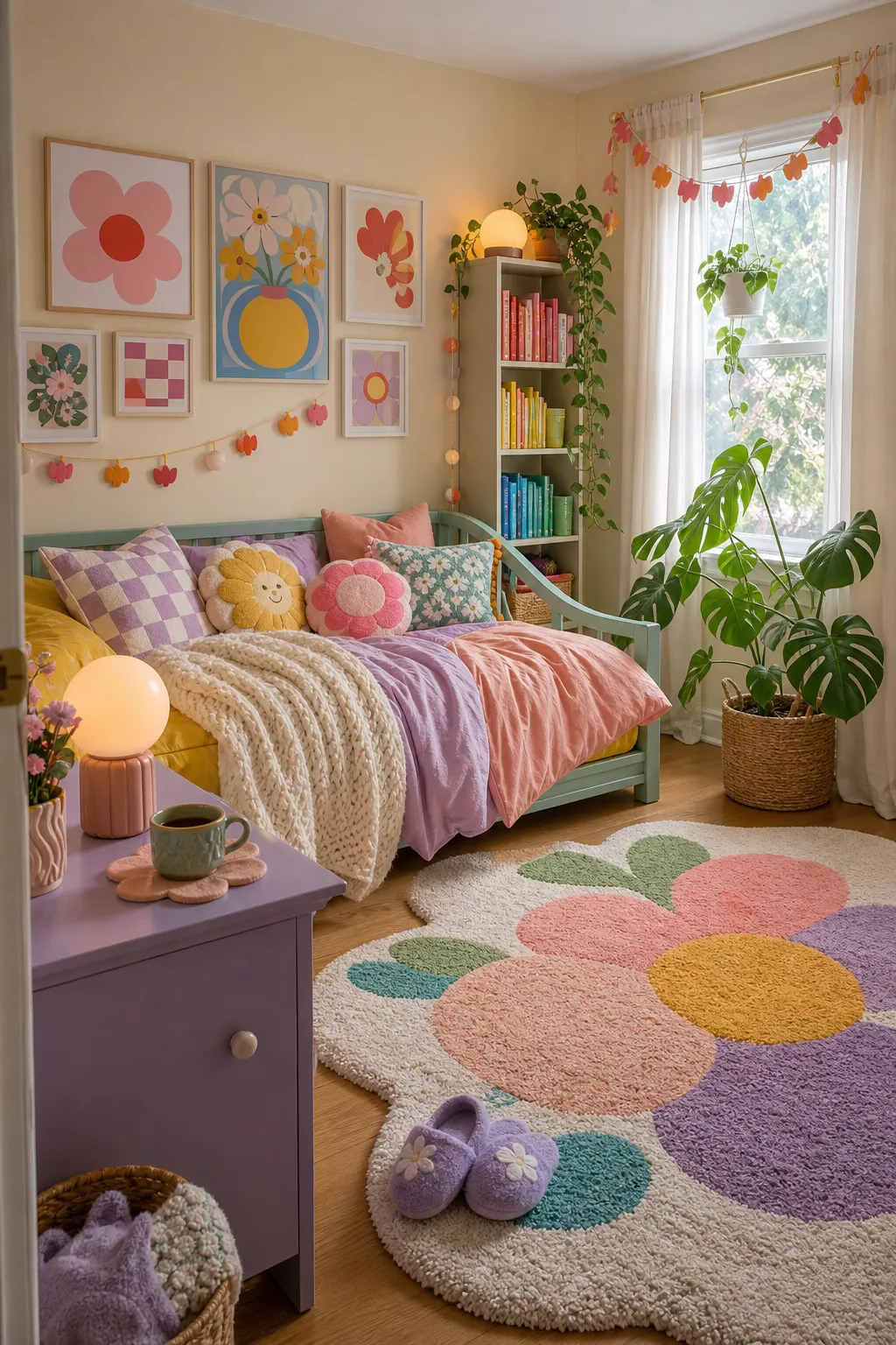 Cheerful kids bedroom decorated with colorful removable flower decals