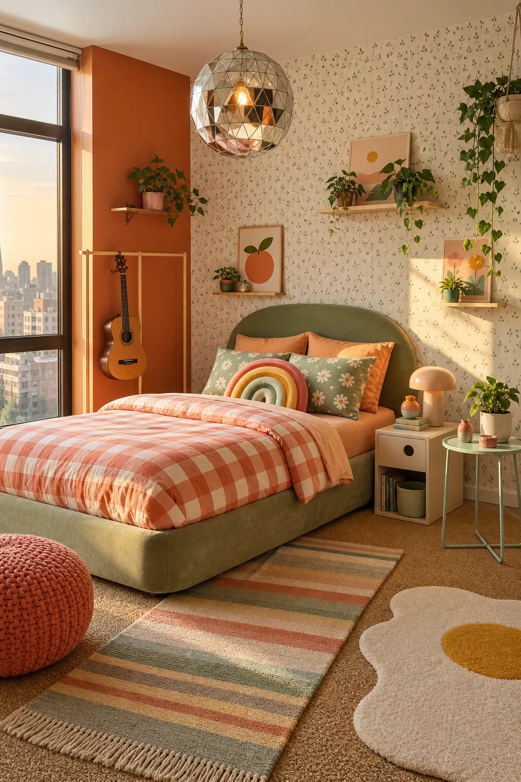 Energetic rental bedroom styled with sunny orange and pink accents