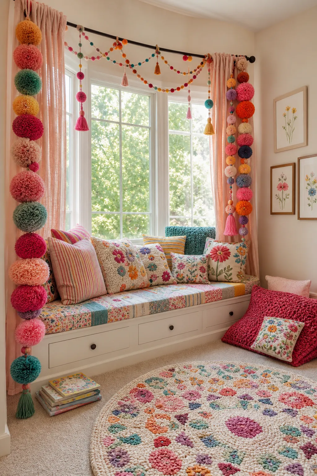 Cozy children's reading nook with cushions and colorful pom-pom accents