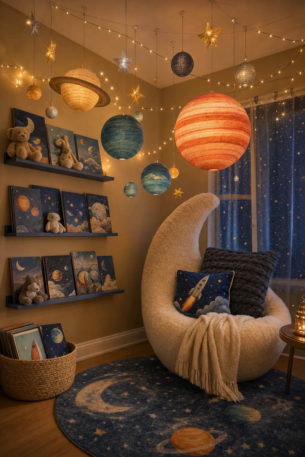 Kids space-themed reading corner with removable stars and planet decorations