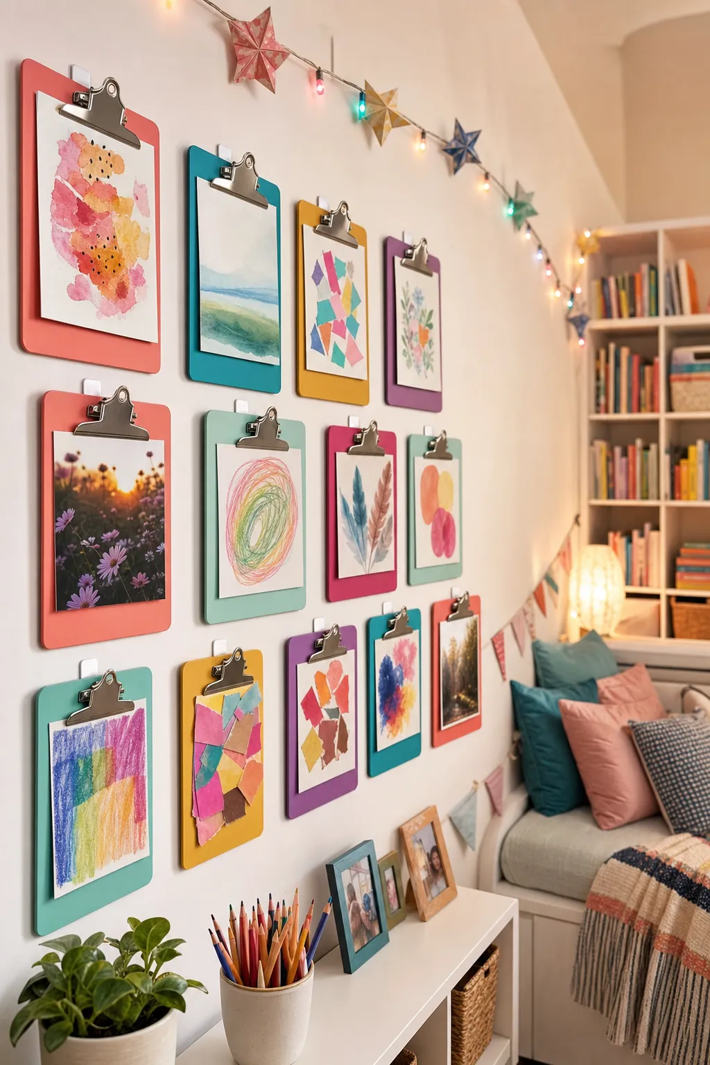 Kids art wall displaying colorful drawings on mounted clipboards