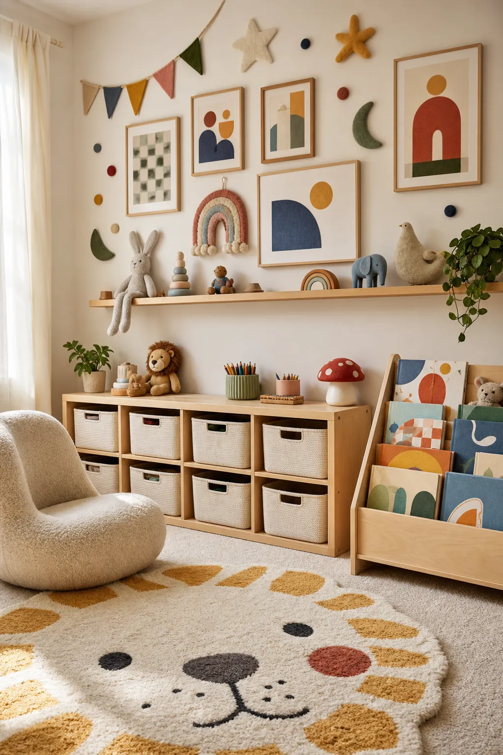 Playful reading nook with low book storage and colorful floor cushions