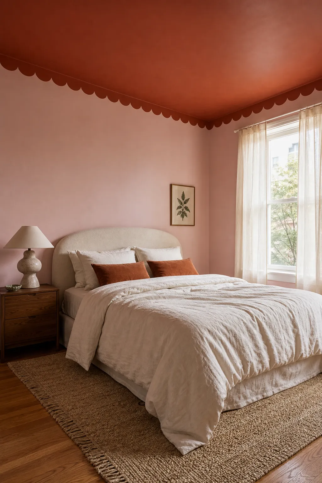 Girl's bedroom featuring a dramatic bold pink ceiling treatment