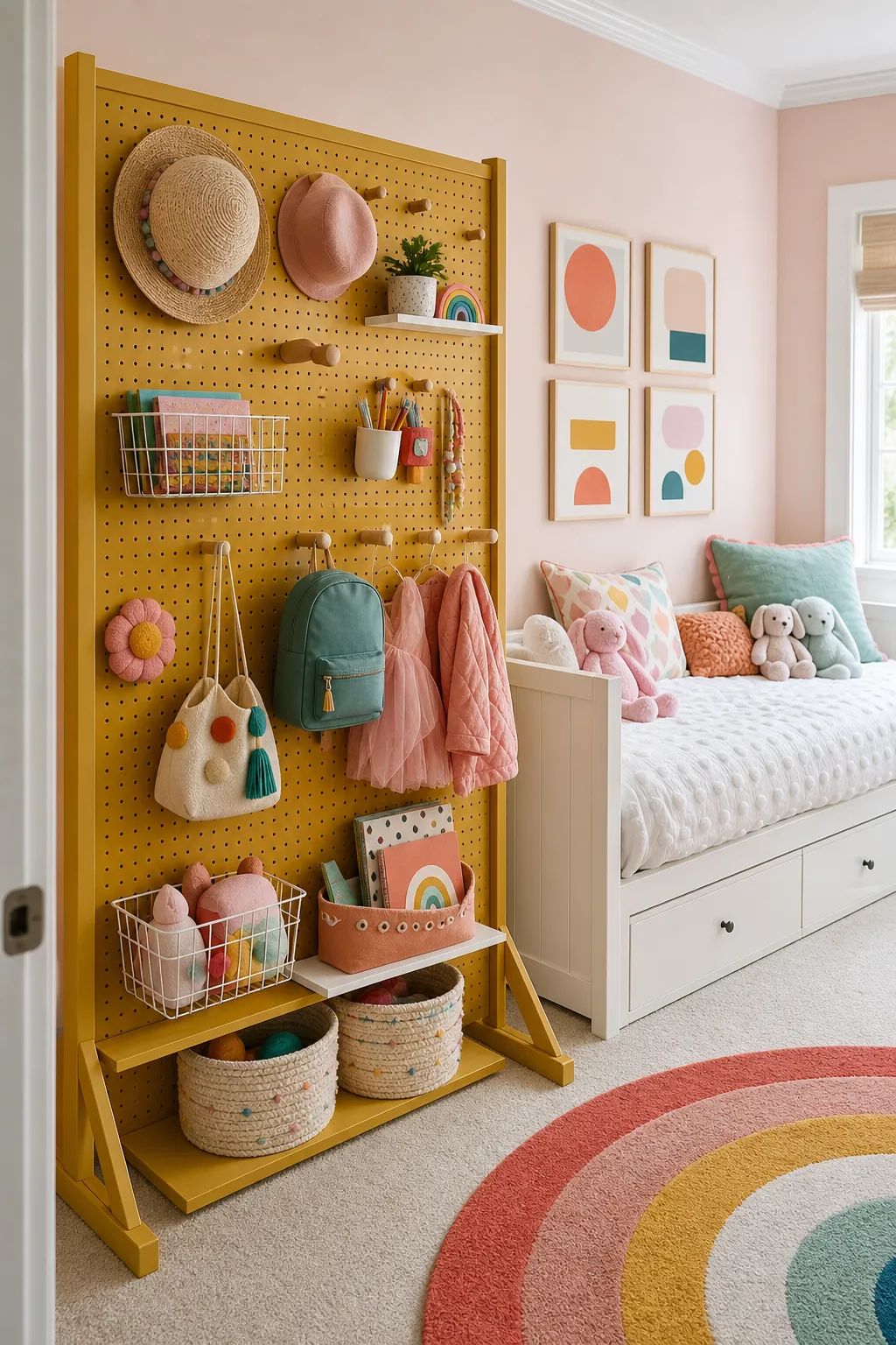 Removable pegboard organizing craft supplies and small kids room essentials