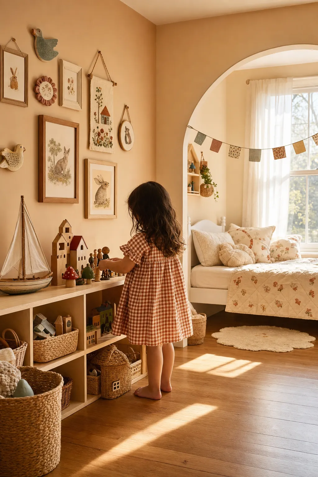 Kids room with a cozy gallery wall beside an uncluttered open play area