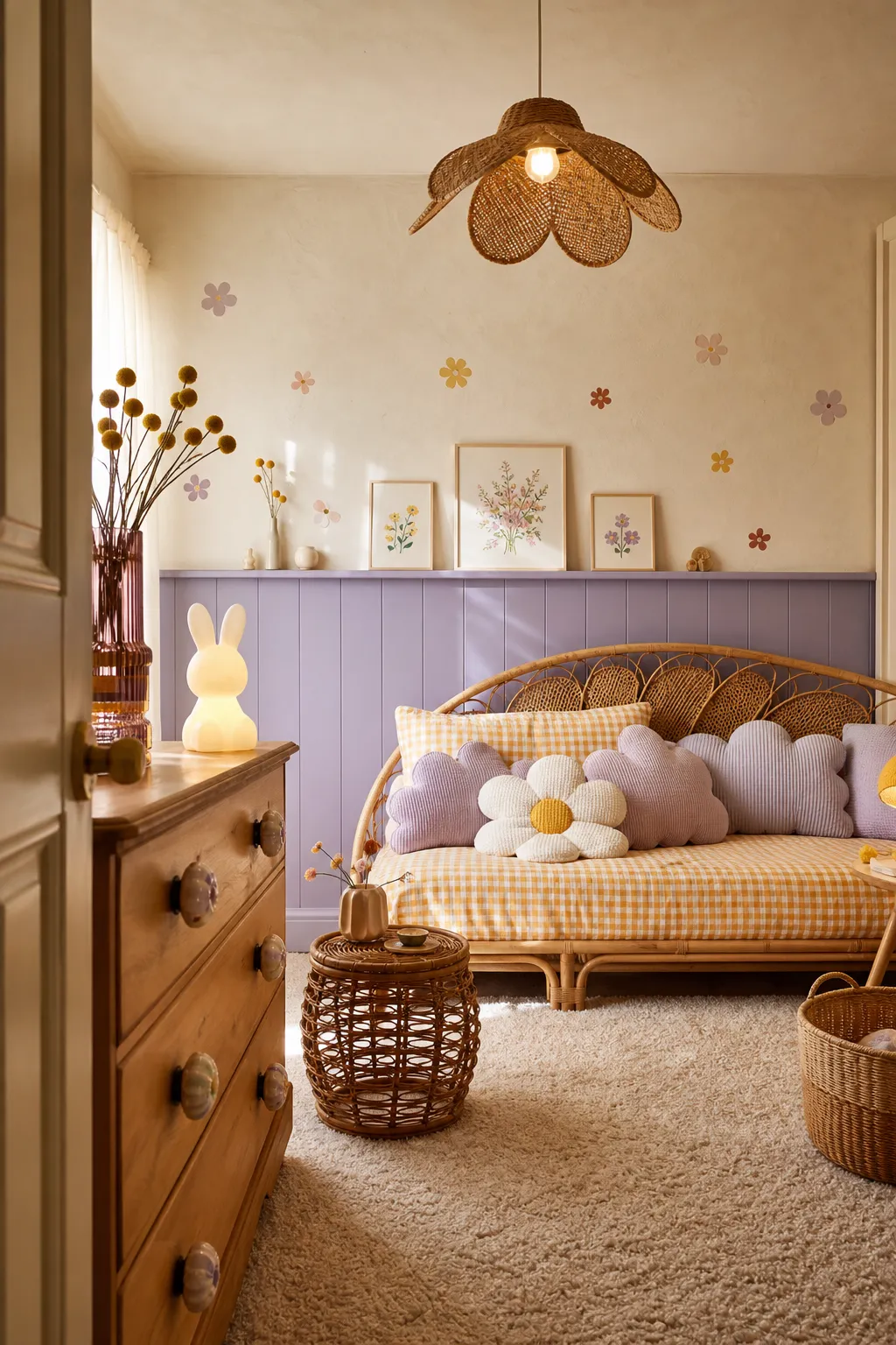 Soft kids bedroom combining lavender accents with warm rattan furniture