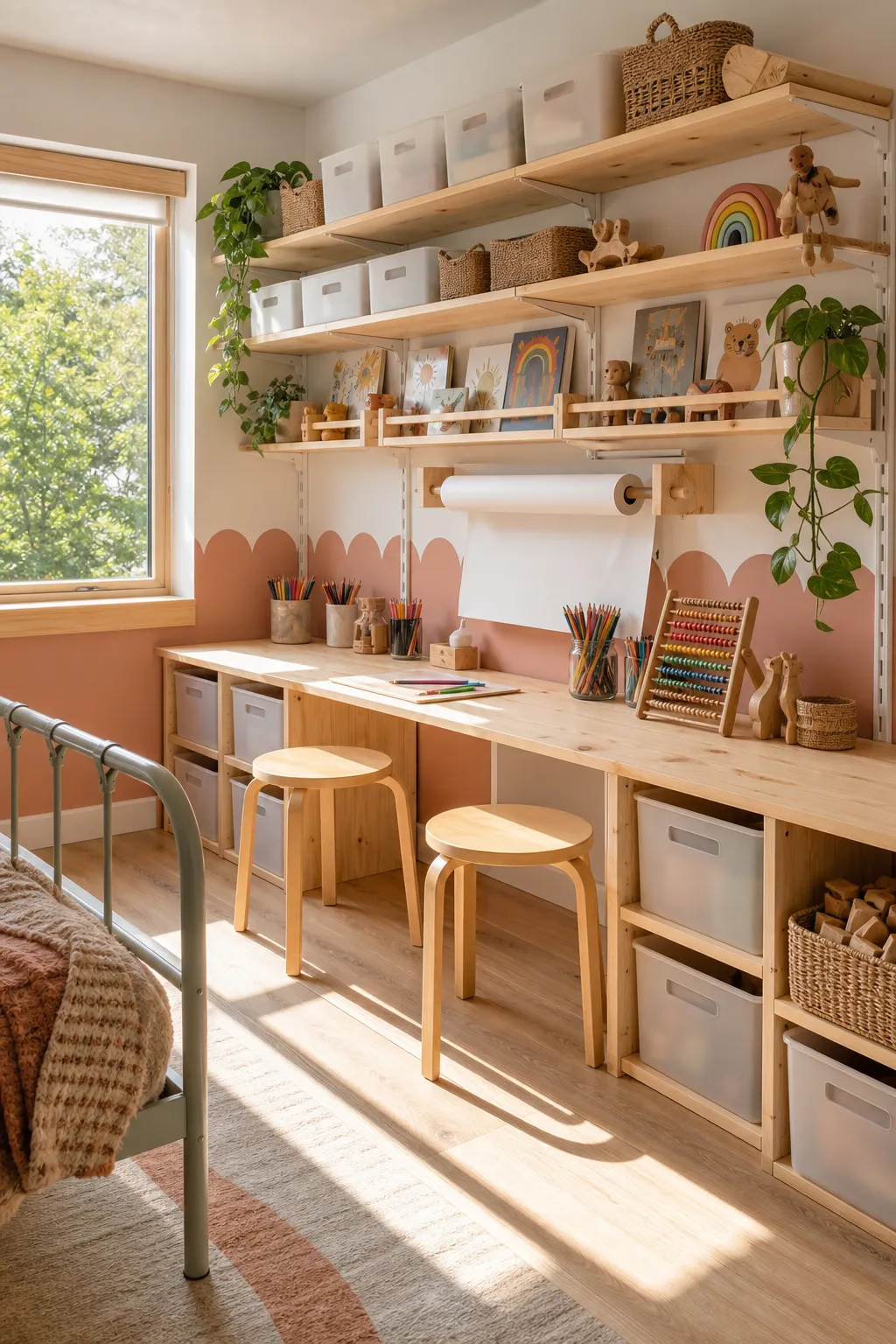 Compact children's craft station with organized supplies and a small work surface