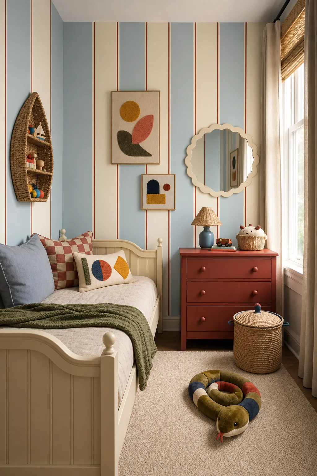 Colorful kids room accent wall made with removable vertical stripes
