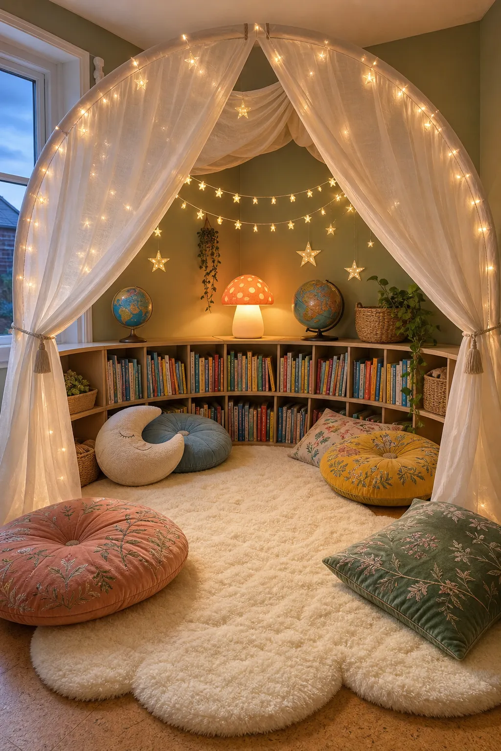 Dreamy fabric canopy hanging above a cozy children's book nook