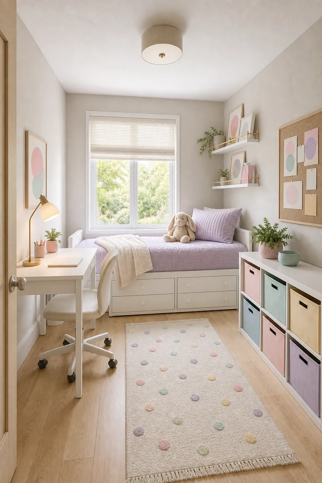 Small kids room with pastel vertical shelves and organized storage bins