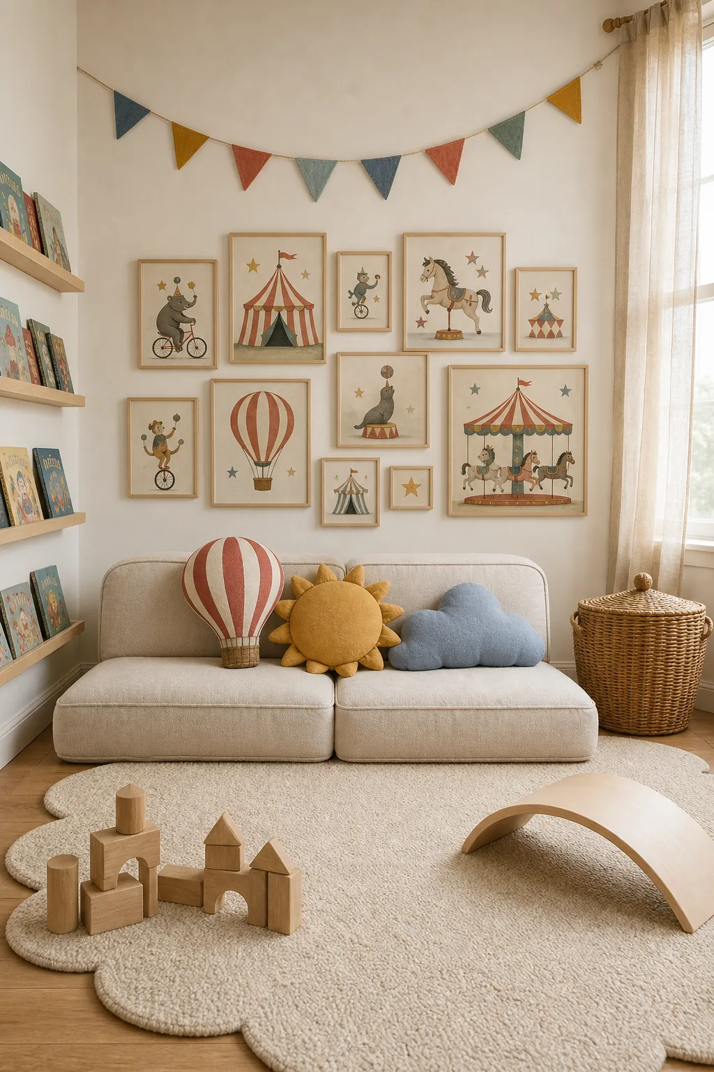 Colorful rental-friendly playroom decorated with cheerful circus-inspired accents