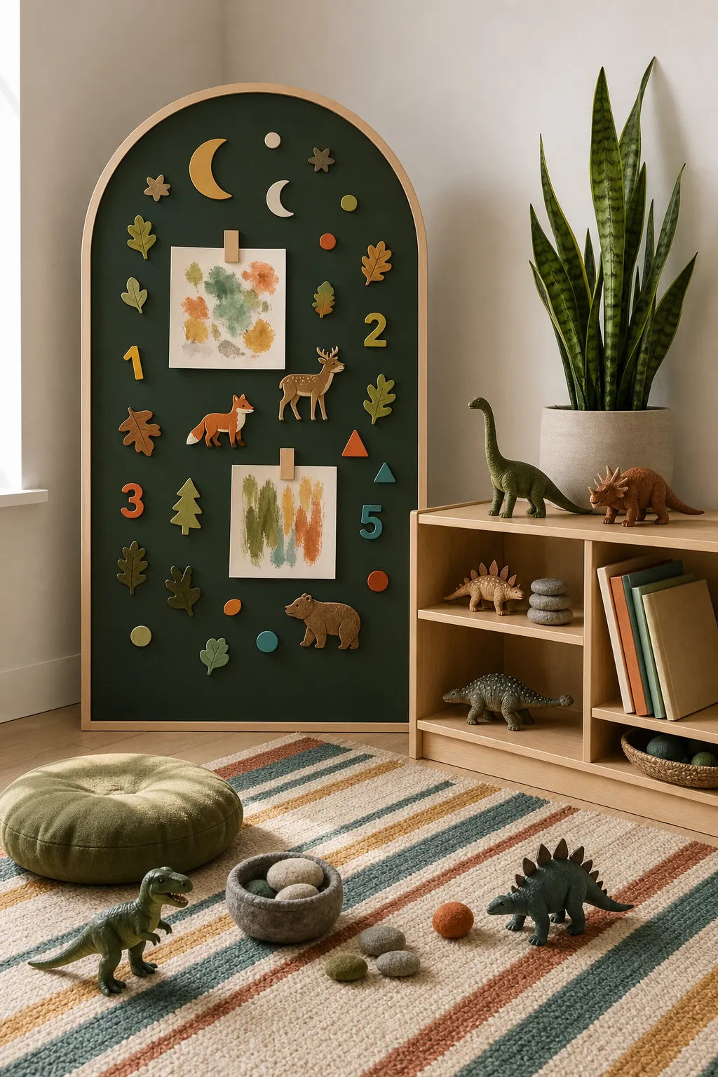 Arched magnetic play surface with colorful letters and shapes for children