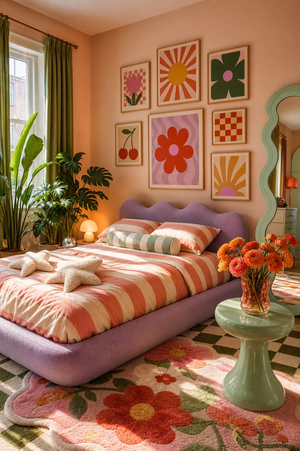 Colorful child's bedroom featuring layered wall art, patterned bedding, and soft textiles