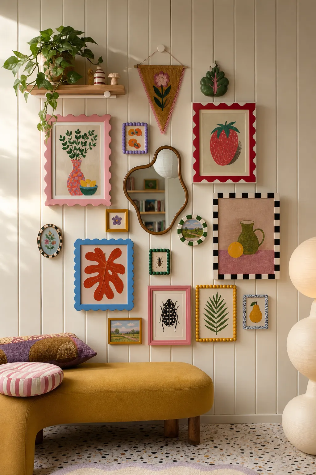 Eclectic children's gallery wall arranged with colorful art in lightweight frames