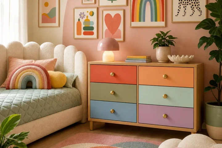 Bright children's room makeover unified by repeated rainbow-colored accents