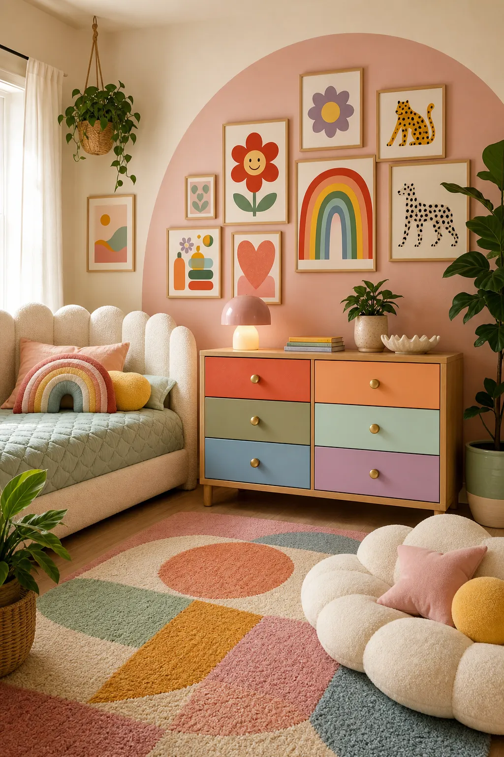 Bright children's room makeover unified by repeated rainbow-colored accents
