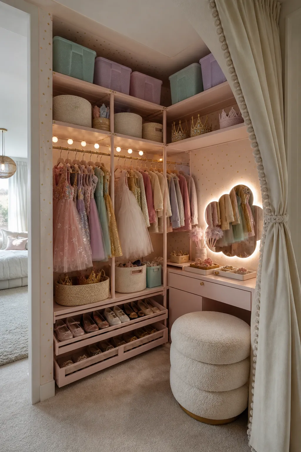 Open bedroom corner converted into a pink dress-up closet with costumes and accessories