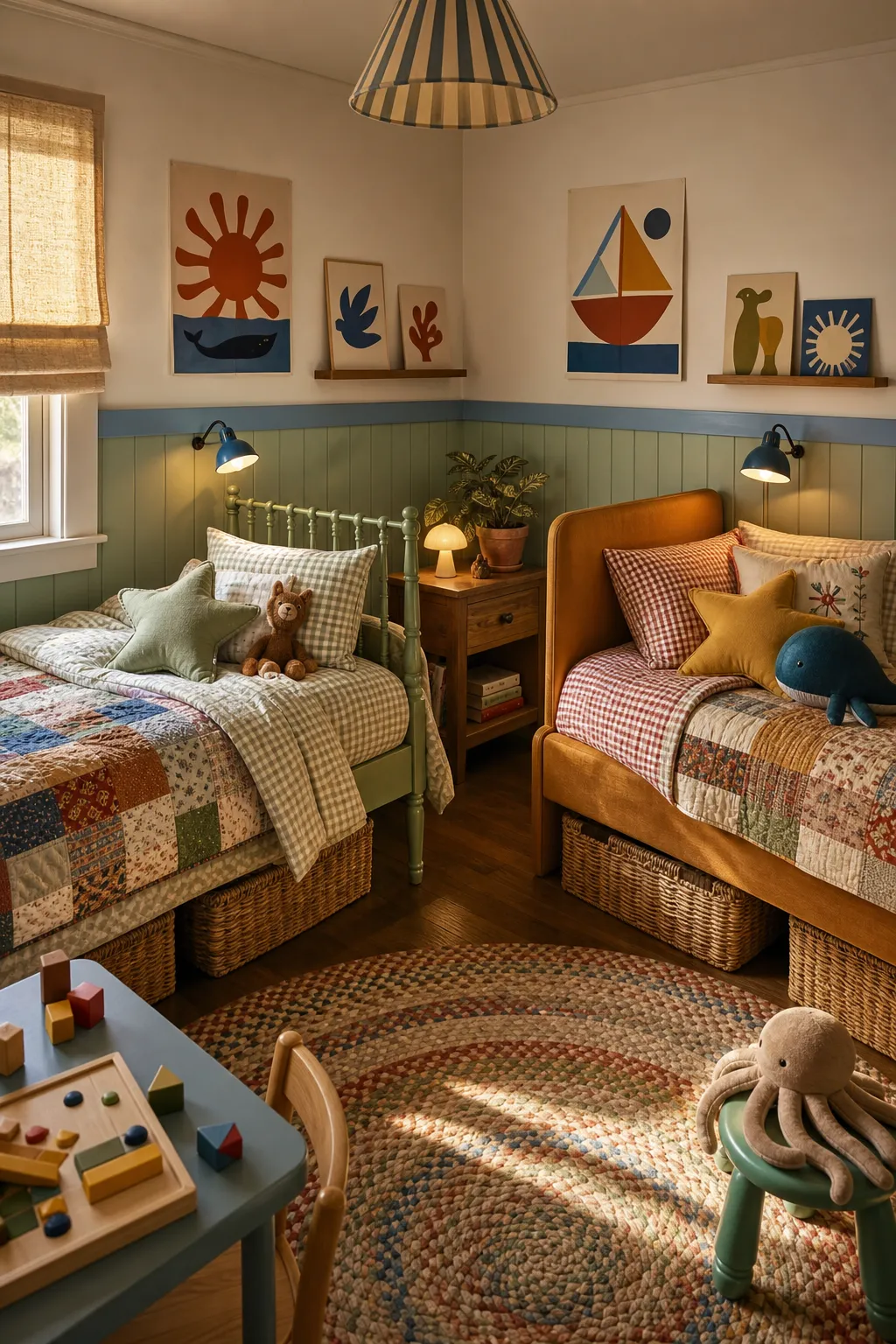 Cozy shared children's bedroom with coordinated beds and individual sleep zones