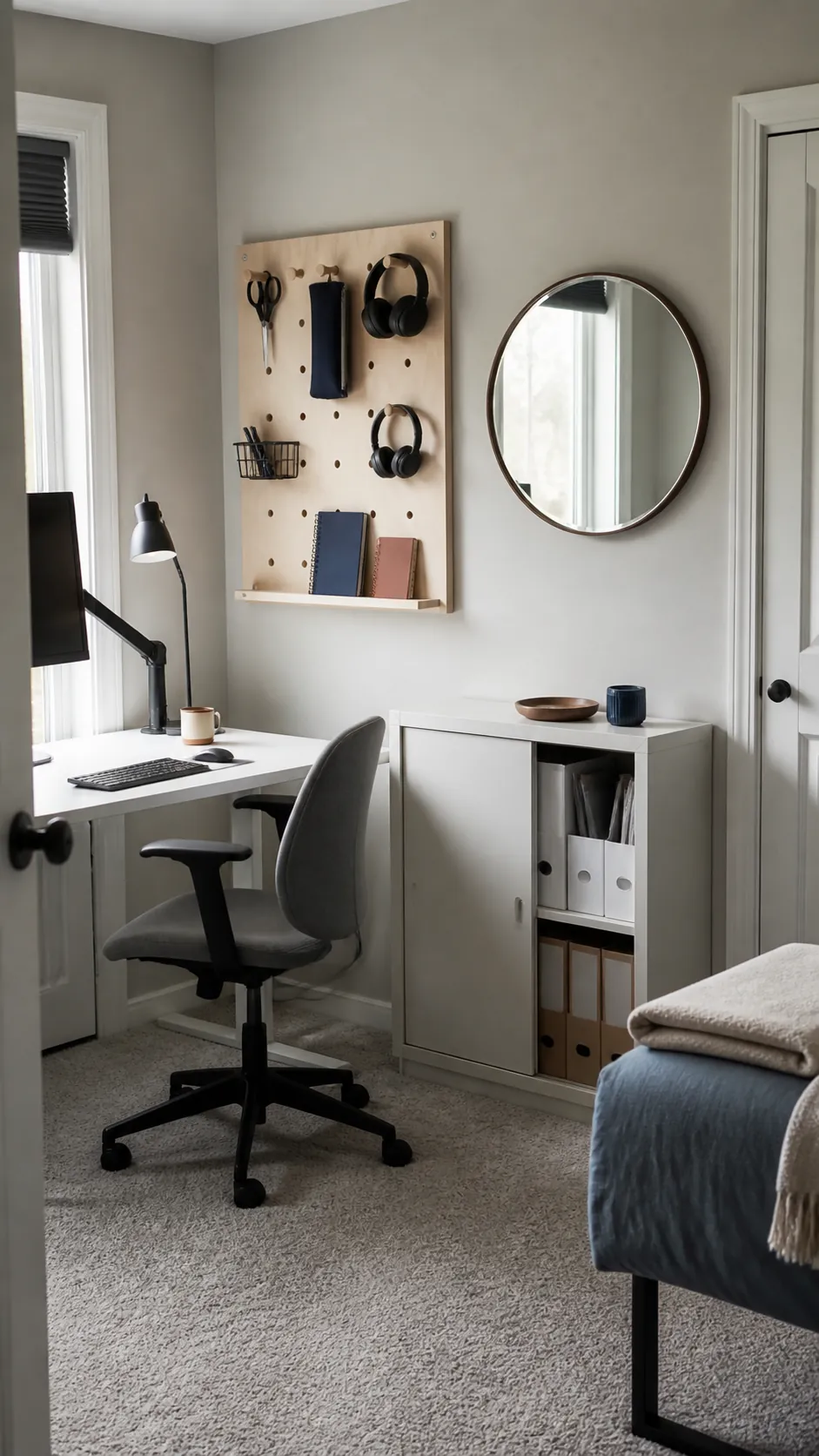 Compact home office wall with shallow practical storage