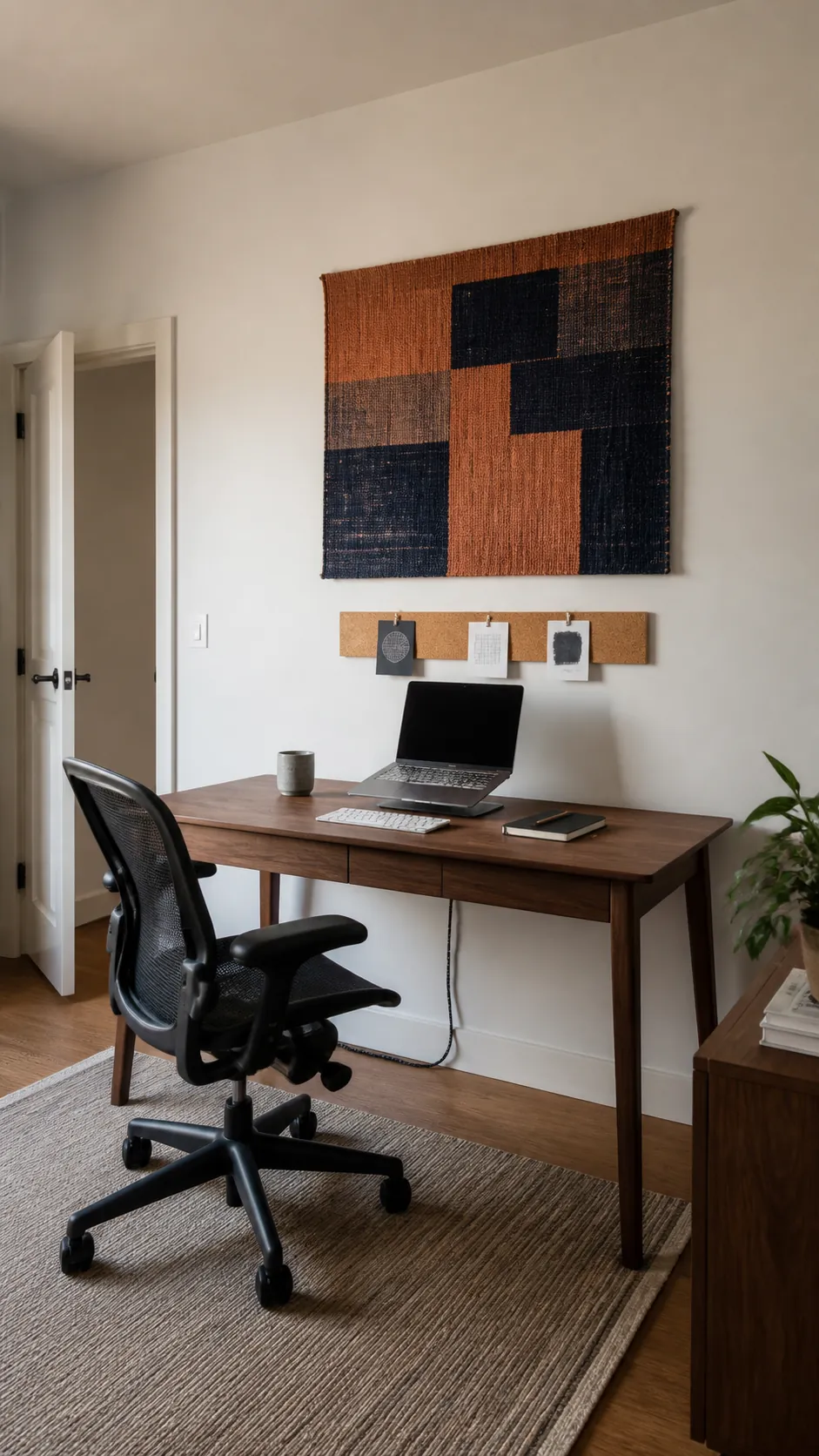 Calm home office wall arranged around a focused desk
