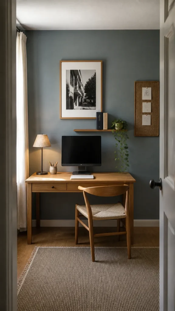 Thoughtfully styled blank home office wall with a calm desk setting