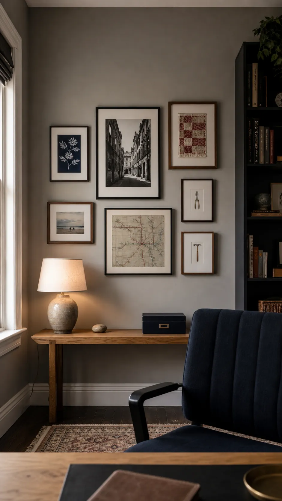 Personal home office gallery with collected photographs and prints
