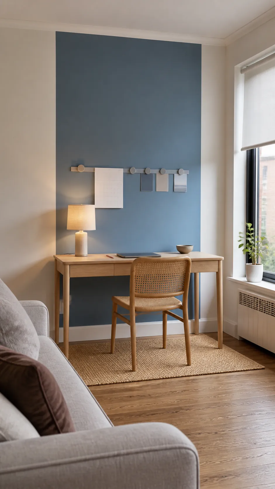 Home office work zone defined by a muted accent wall