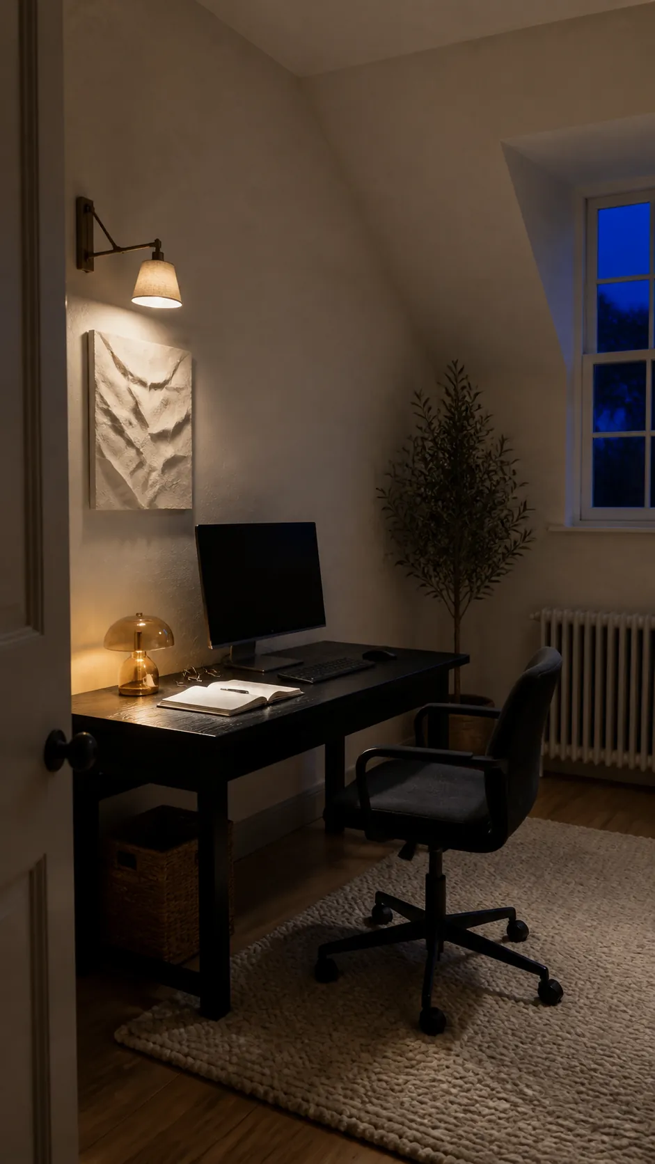 Finished home office wall with warm task lighting and open space