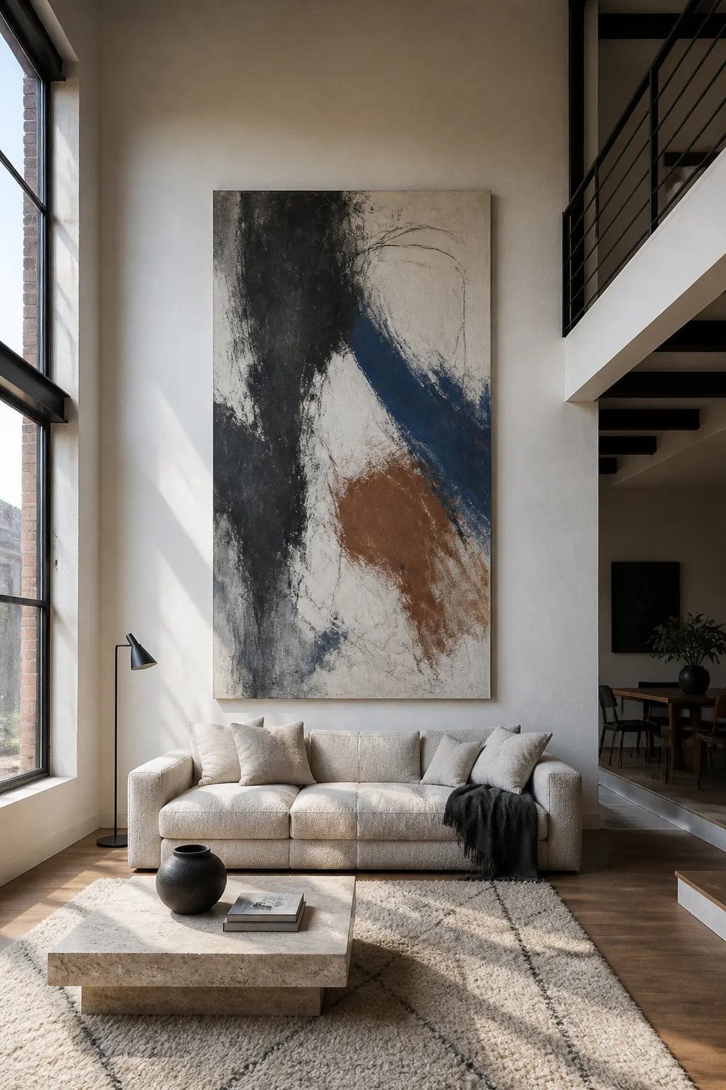 Oversized abstract canvas on a tall living room wall