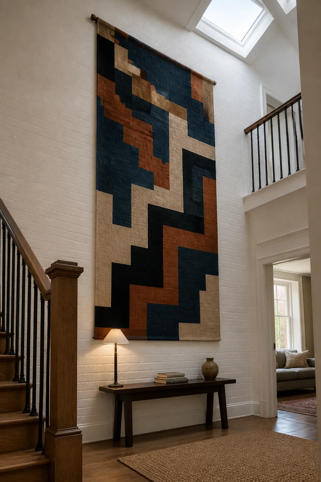 Large woven textile displayed on a high wall