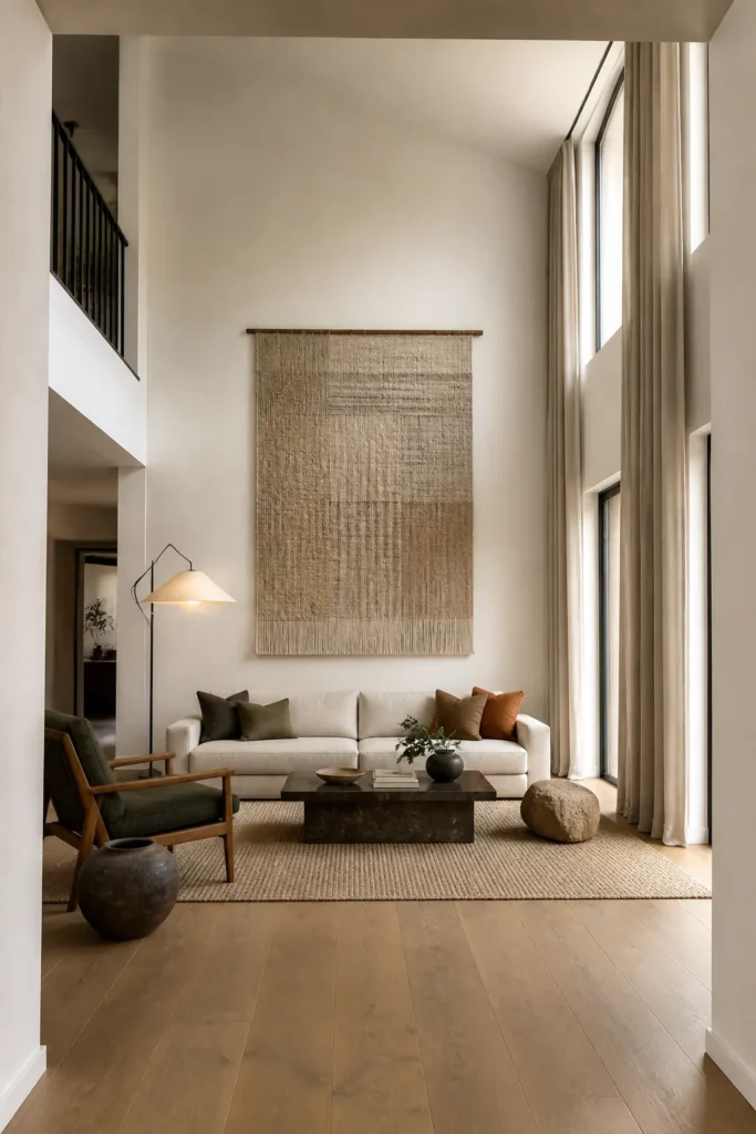 Resolved double height living room with large scale wall decor