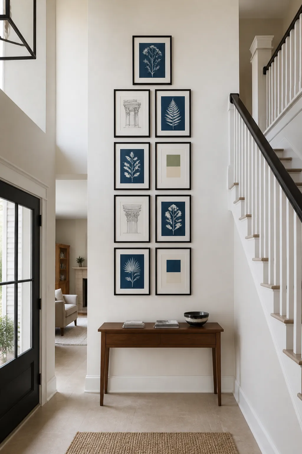 Vertical gallery arrangement beneath a high ceiling
