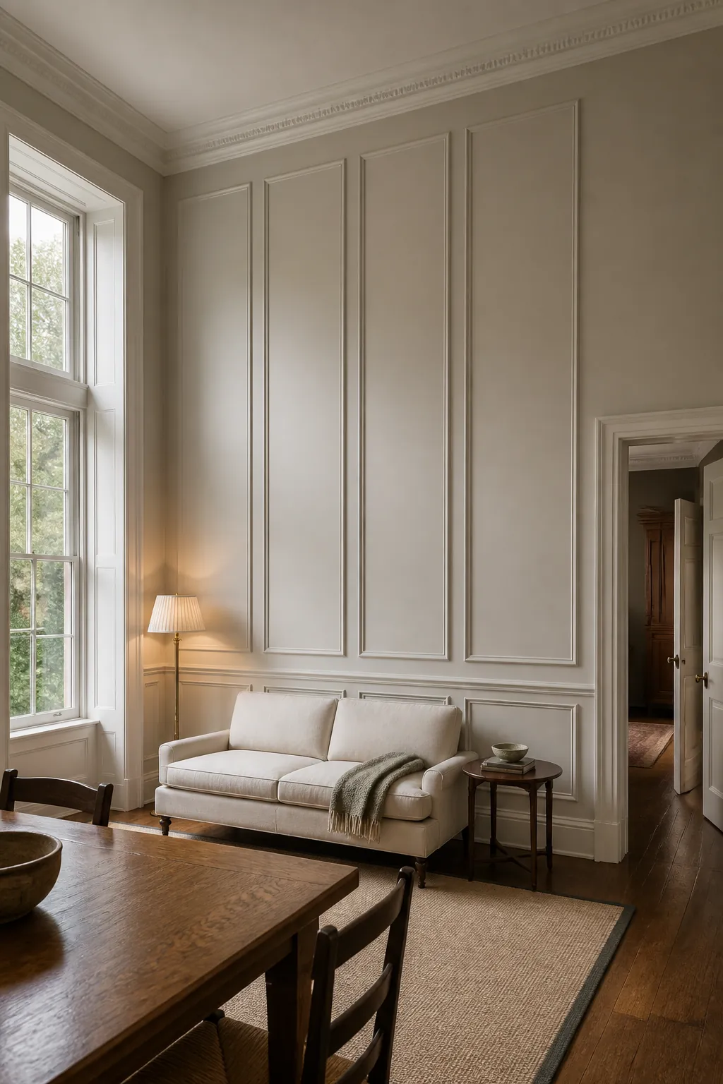 Floor to ceiling panel molding on a lofty wall