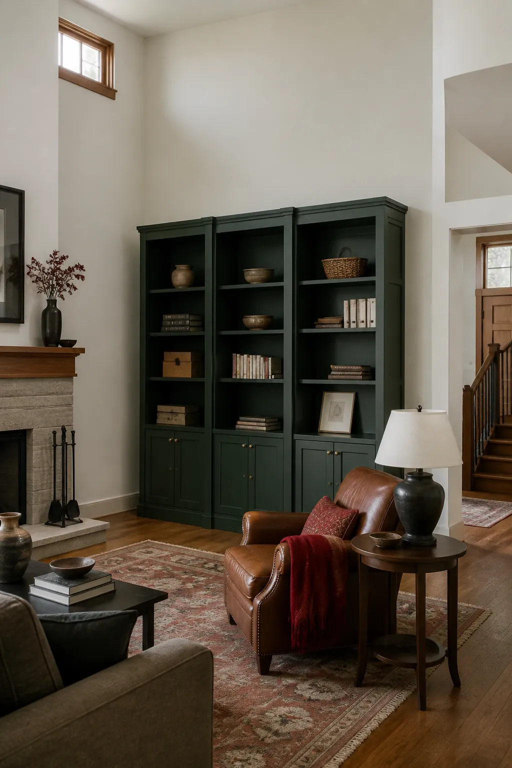 Grouped tall bookcases against a lofty living room wall