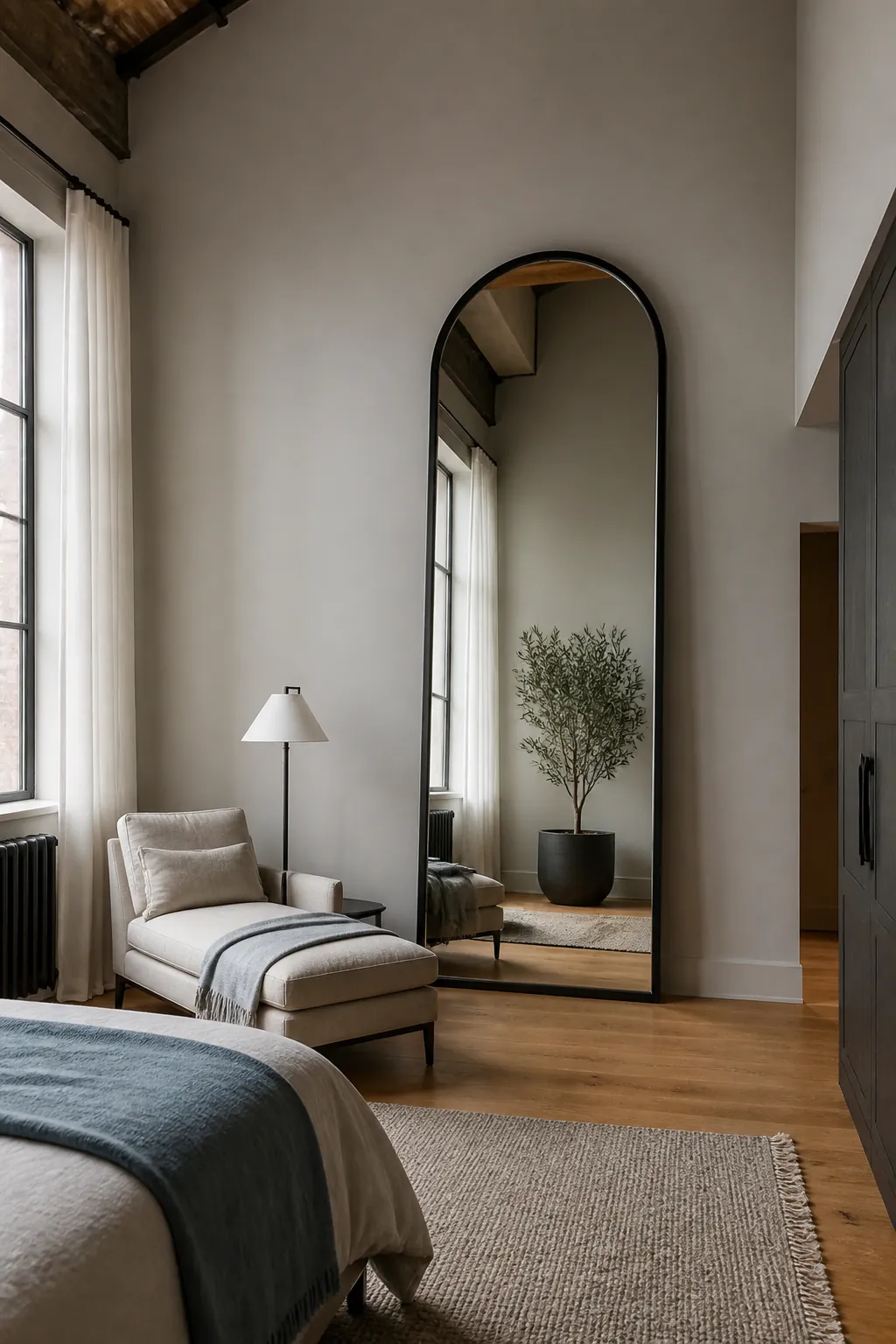 Monumental floor mirror beneath a high ceiling