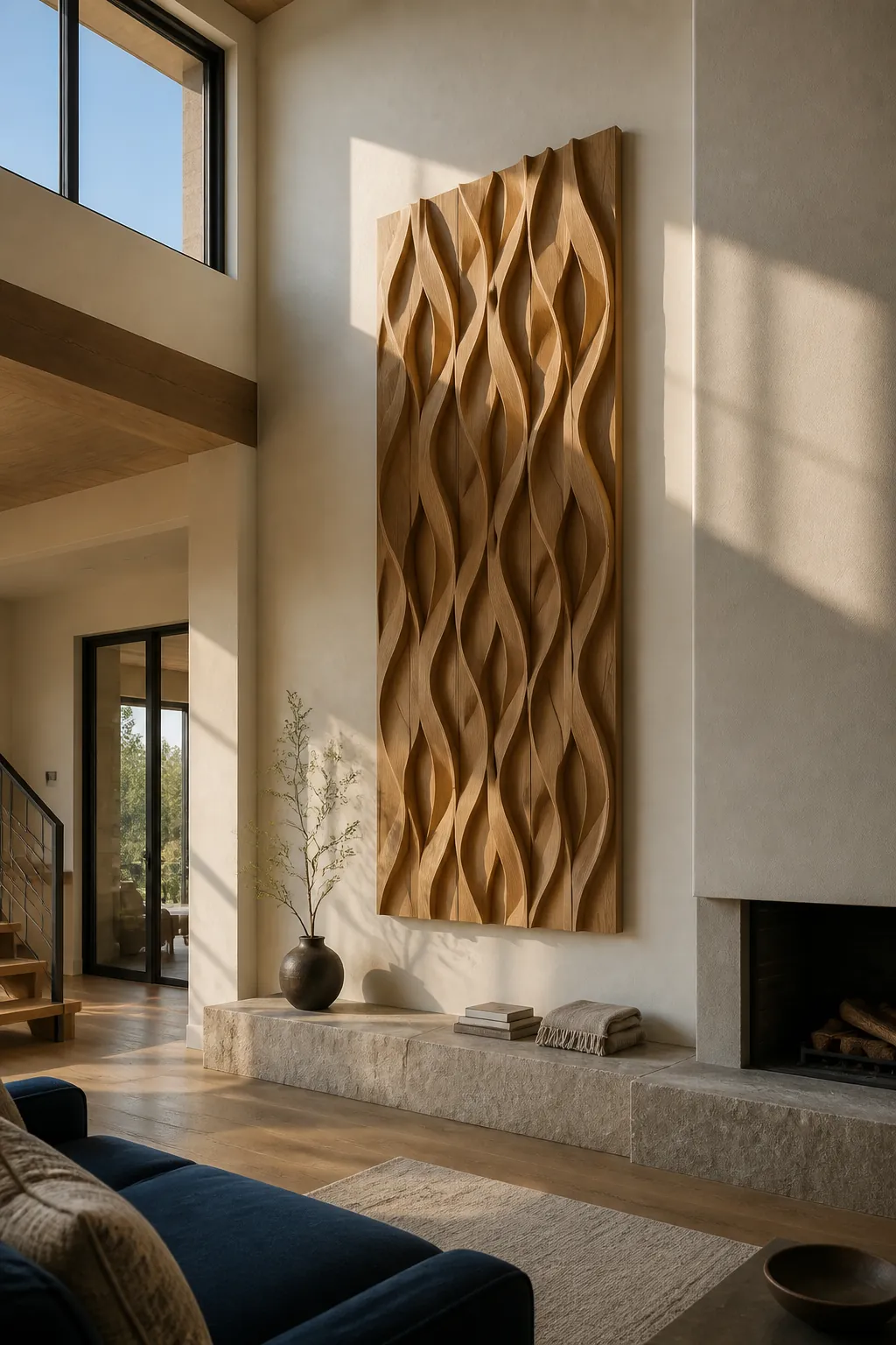 Sculptural relief mounted safely on a tall wall