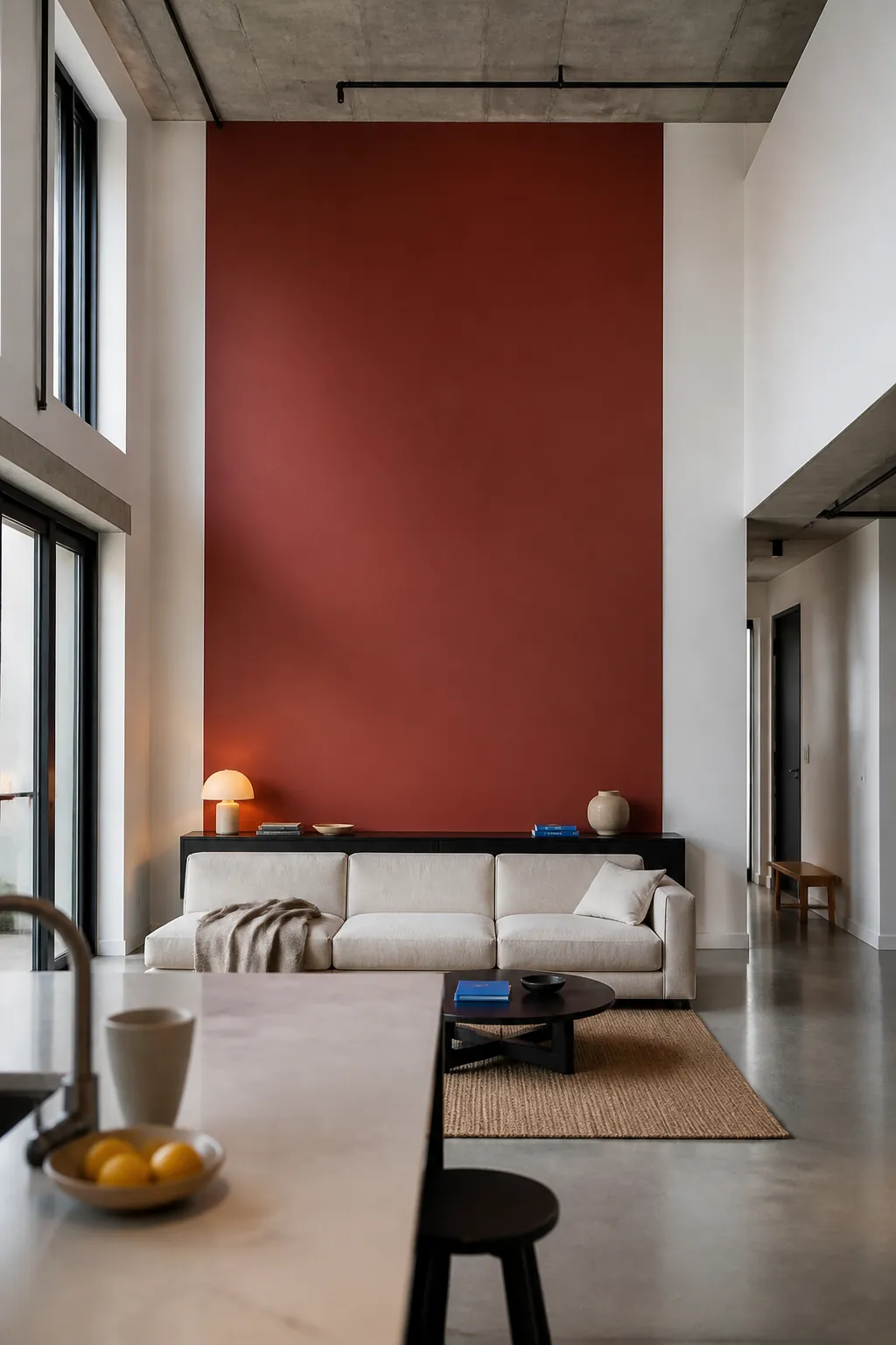 Tall painted color field grounding a high ceiling room