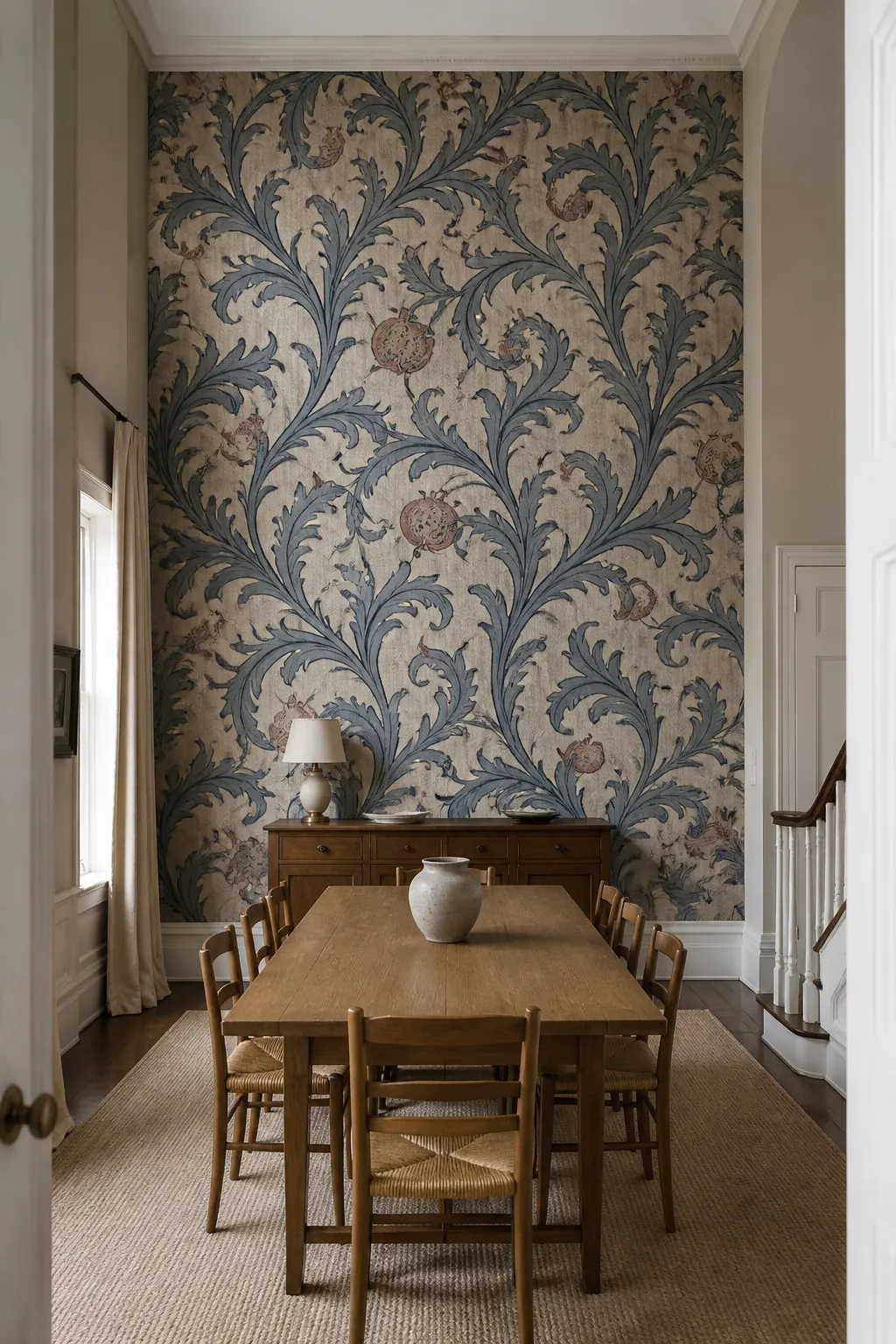Full height block print wallpaper on a high wall