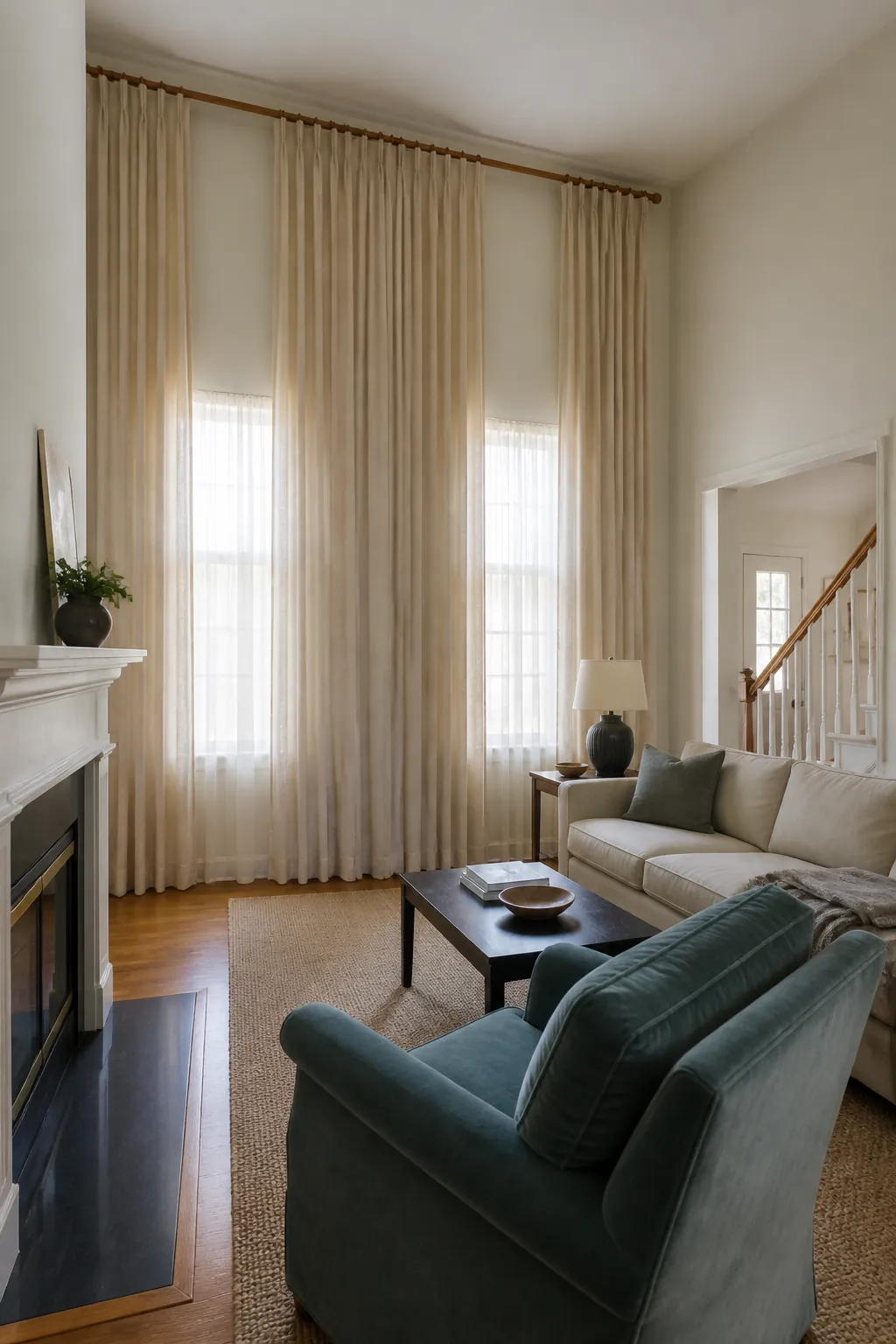 Long curtains mounted high on a tall living room wall