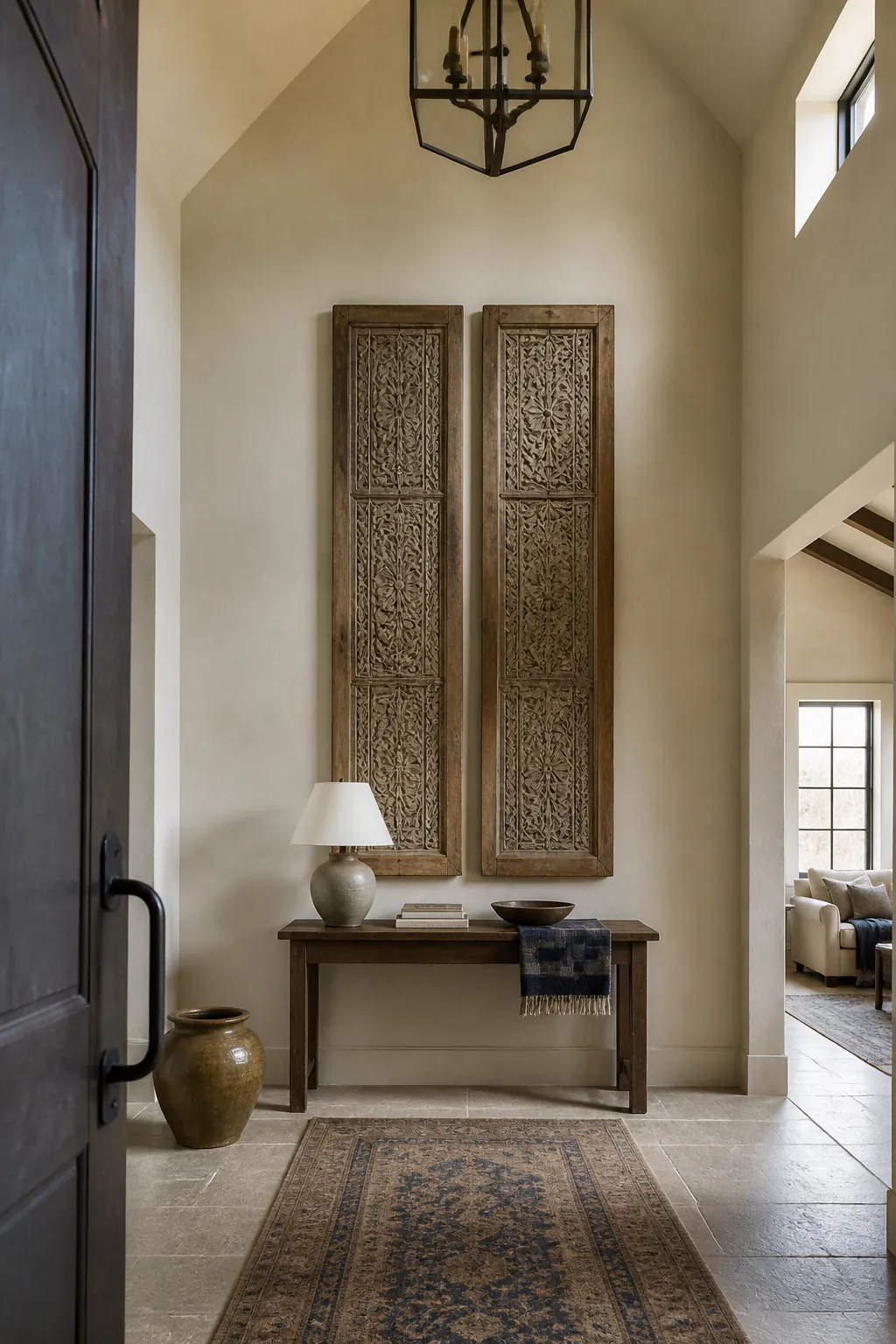 Carved architectural salvage displayed on a high wall