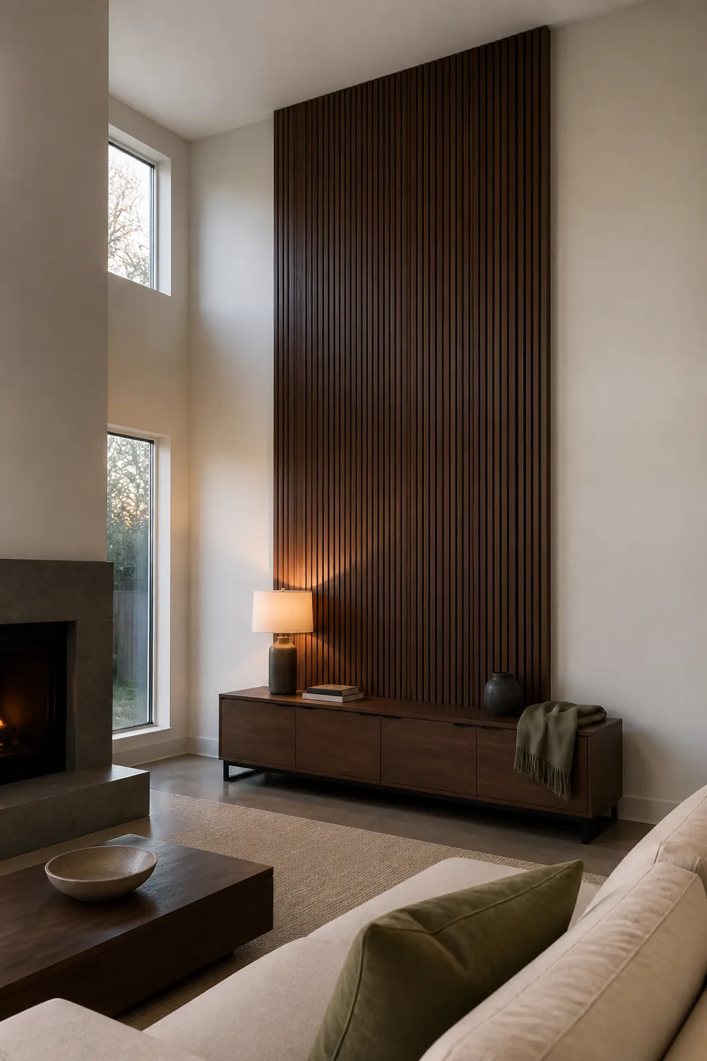 Vertical wood slat feature on a high ceiling wall