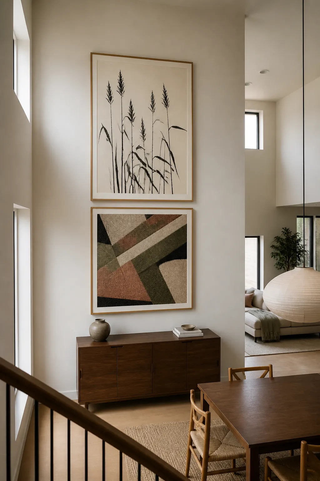Pair of large artworks stacked on a high wall